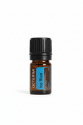 A small amber glass bottle with a black ribbed cap and a blue front label reading doTERRA Ice Blue Athletic Blend.