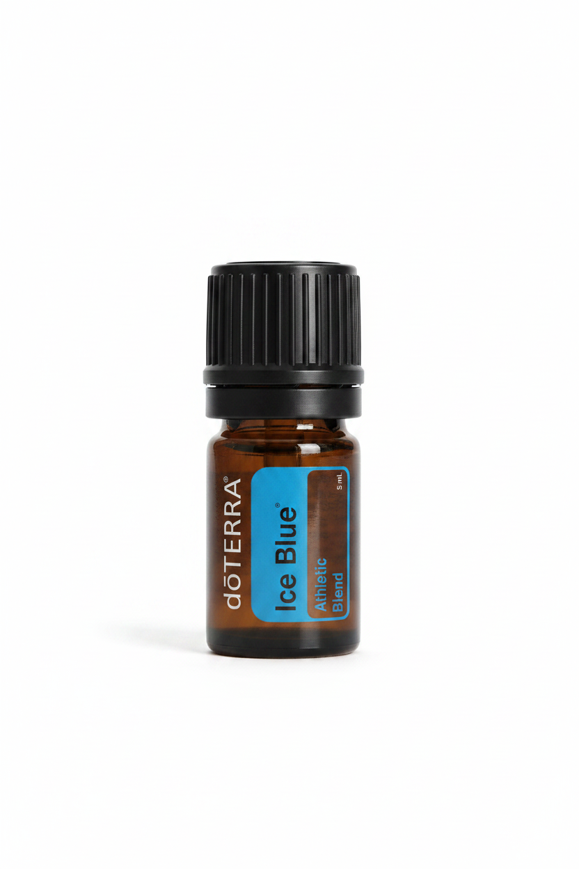 A small amber glass bottle with a black ribbed cap and a blue front label reading doTERRA Ice Blue Athletic Blend.
